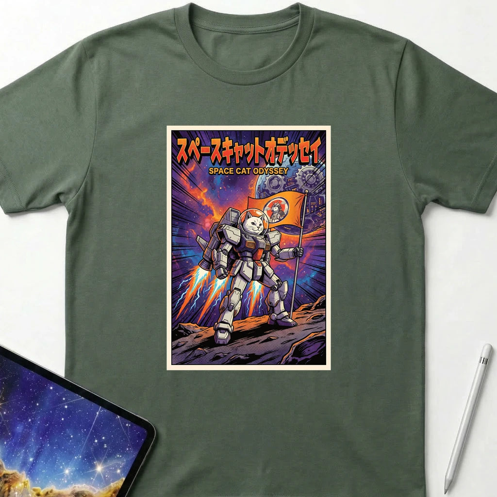 Space Cat Odyssey T-Shirt Military Green