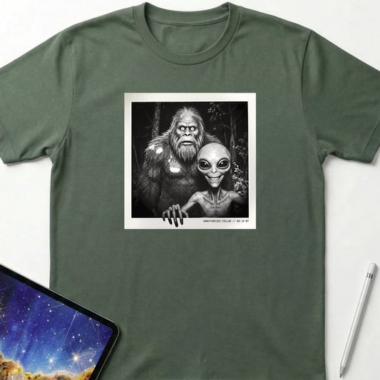 Alien Bigfoot Selfie T-Shirt Military Green