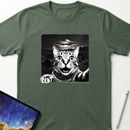 Cat UFO Selfie T-Shirt Military Green