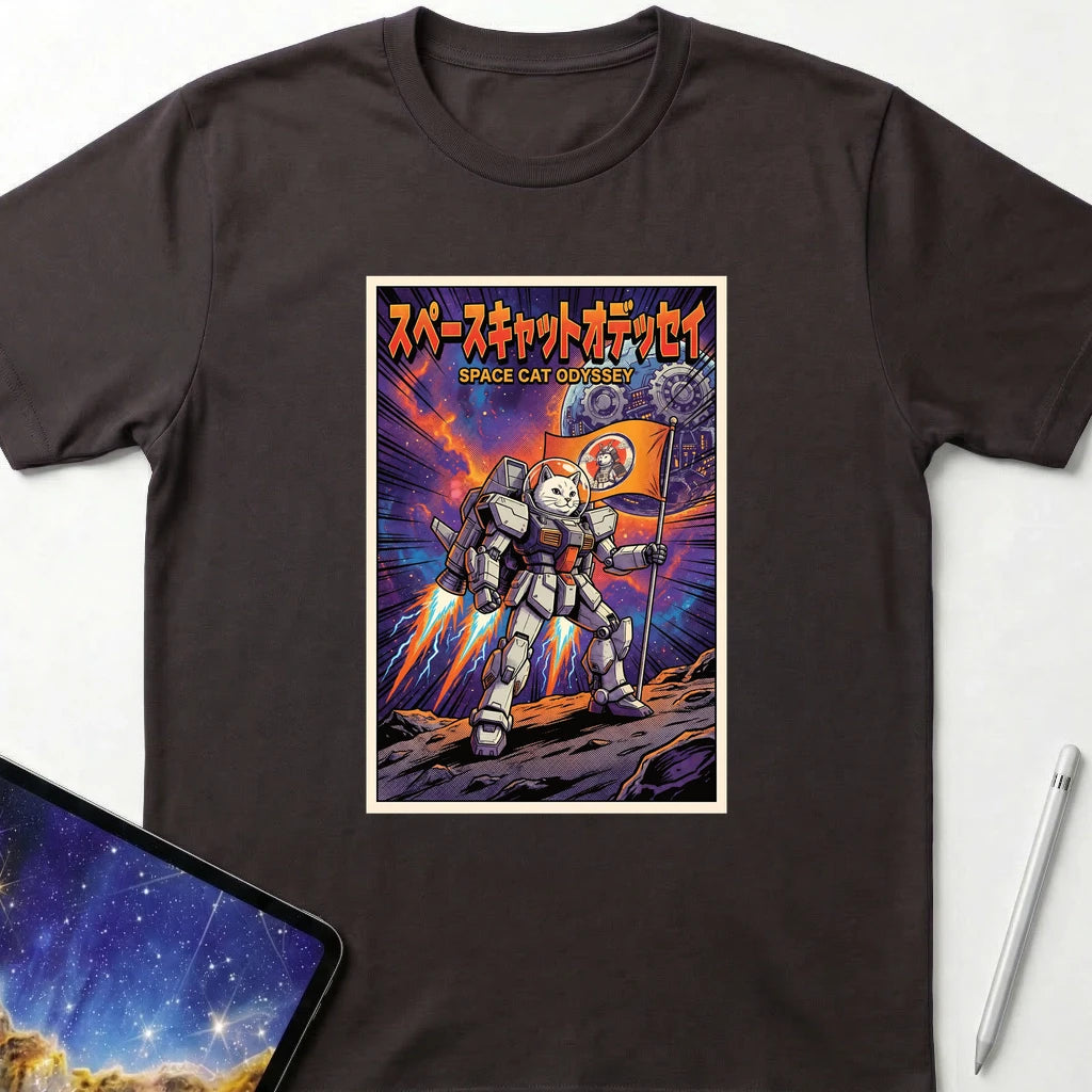 Space Cat Odyssey T-Shirt Dark Chocolate