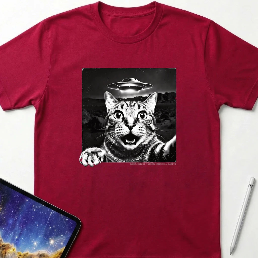 Cat UFO Selfie T-Shirt Red
