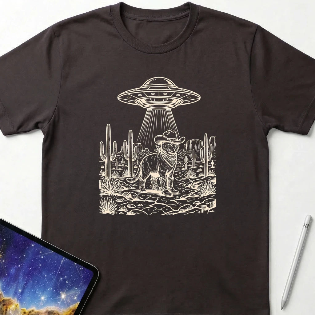 UFO Cowboy Cat T-Shirt Dark Chocolate
